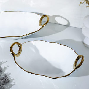 <span class=keywords><strong>Grande</strong></span> Coupe à Fruits de Luxe en Céramique Écologique avec Poignée Dorée, pour Décoration de Fête et de Mariage - Product Image 4