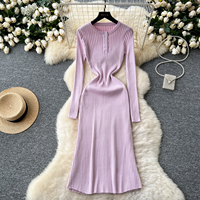 Robe midi décontractée élégante pour femmes, en tricot côtelé, à manches longues, coupe évasée, avec fermeture boutonnée, pour un usage quotidien