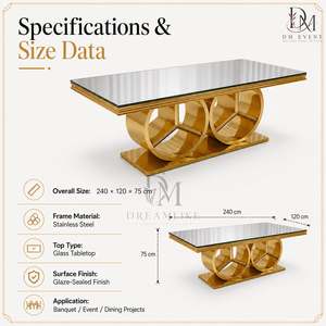 Table de salle à manger élégante en acier inoxydable avec plateau en verre miroir et base à double anneau pour événements et banquets - Product Image 5