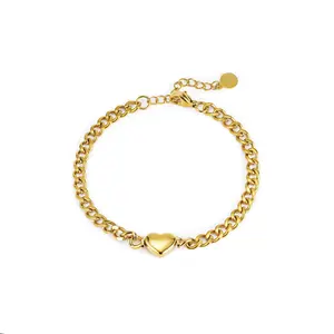 Plated Bracelet Wholesale Custom Fashion Jewelry 18K Gold Plated Stainless Steel Simple Cuban Chain Bracelet Love Heart Charm Bracelet For Women