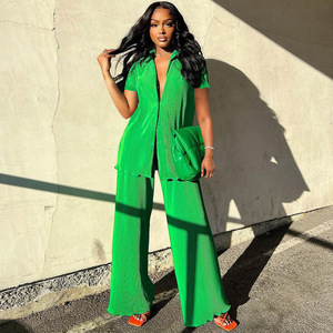 Sharee Pleated của phụ nữ thiết lập Ngắn Tay Áo sơ mi Tops và thẳng rộng chân quần thanh lịch Tracksuit hai 2 mảnh thiết lập tập thể dục trang phục - Product Image 4