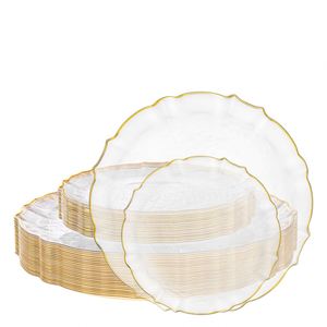 Assiettes de service en plastique acrylique transparent durable de 13 pouces, assiettes de présentation transparentes avec bord doré pour les mariages - Product Image 1