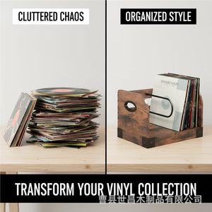 Soporte portátil de madera para discos de vinilo, estante de almacenamiento de escritorio con mango de metal para organizar CD y álbumes - Product Image 3