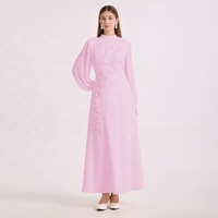 Robe en dentelle pour femme, broderie ajourée soluble dans l'eau, col montant, manches évasées mi-longues, taille haute, robe de soirée élégante