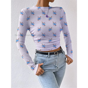 Solid Color Slim Long Sleeve Plaid Round Neck Women's T-Shirt Drawstring <b>Tops</b> Fashion - Product Image 6