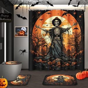 Cortina de Ducha de Poliéster con Diseño de Calabaza, Esqueleto y Fantasma de Halloween, Impresión Digital, Impermeable, Personalizada, Venta al Por Mayor - Product Image 1