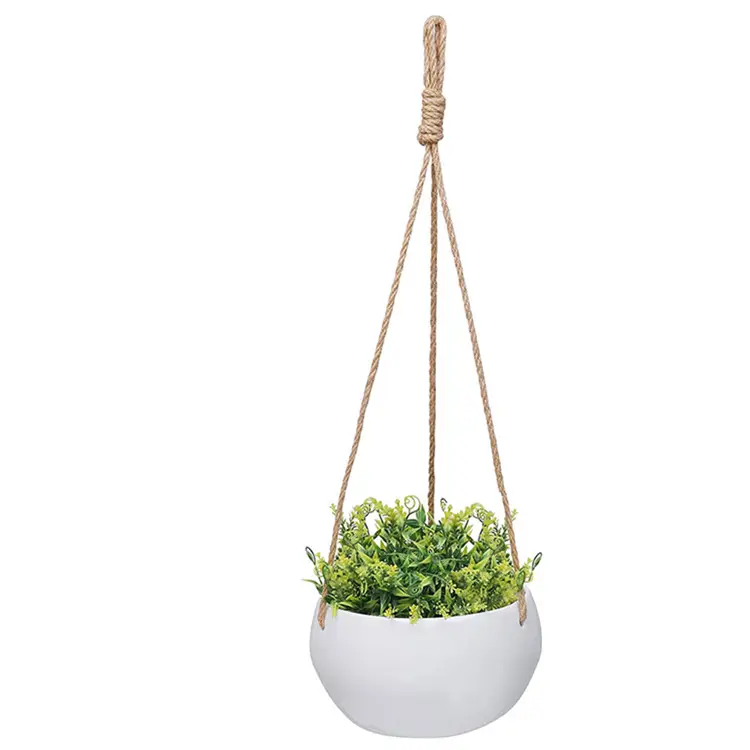 Amante — grande planteur en céramique en porcelaine blanche, Pot en céramique suspendu avec corde en Jute, utilisé dans le balcon intérieur et extérieur de 5 kg