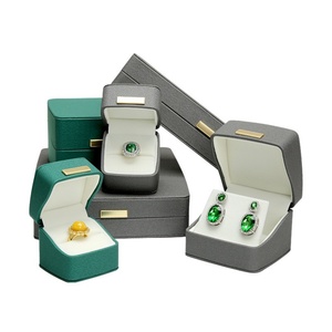 Fine PU Leather Gold Label Jewelry Packaging <b>Boxes</b> Rectangular Green Gray <b>Ring</b> Pendant Bracelet Necklace Box Wholesale - Product Image 1