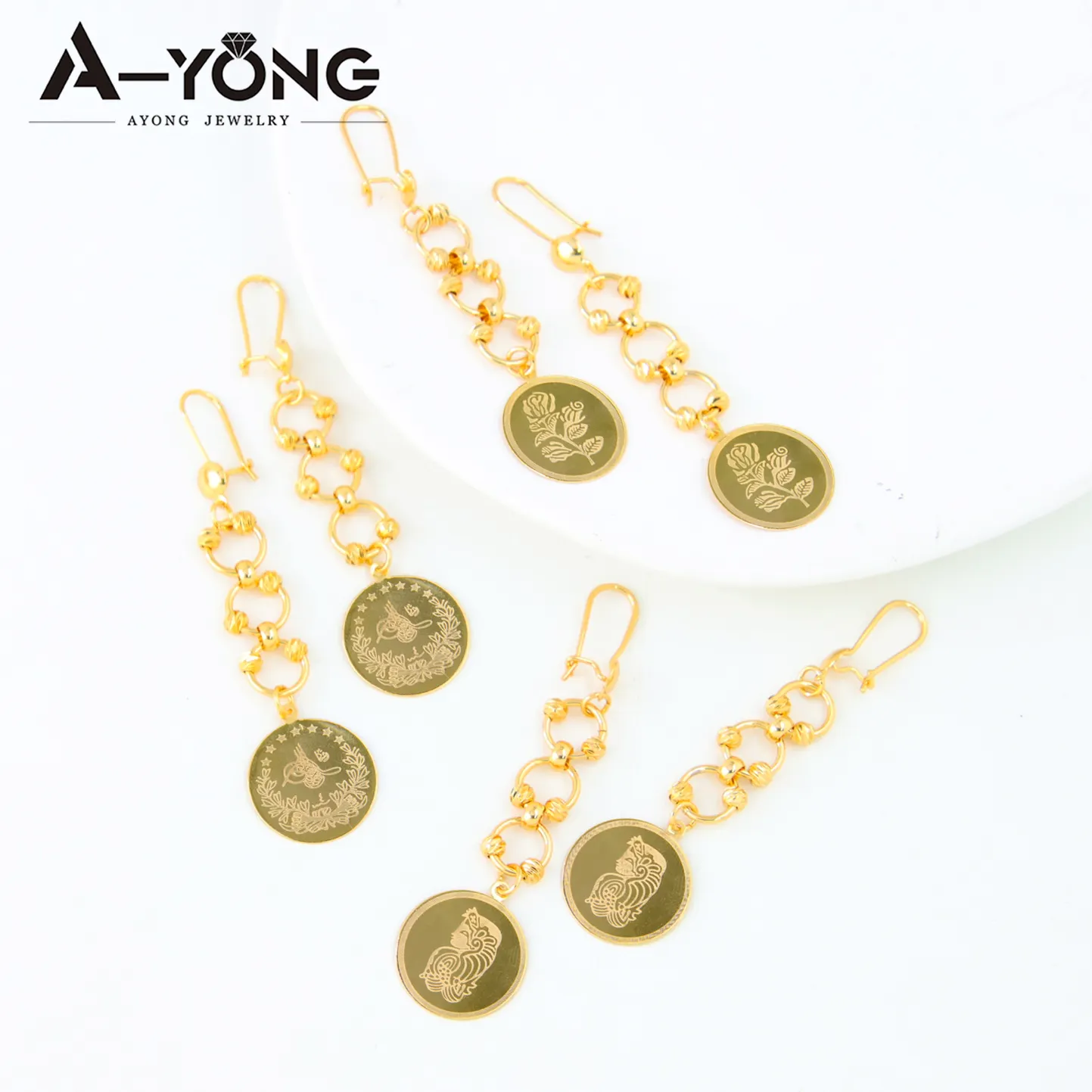 Conjunto de joyería Ayong, diseño de moneda turca, conjunto de joyería de 3 piezas, conjuntos de joyería de cobre chapado en oro de 18K para mujer