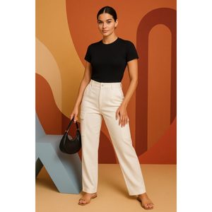 Pantalon cargo crème pour femme, taille haute, 4 poches, design utilitaire, durable, élastique, coupe décontractée, style streetwear, usage quotidien, taille S à 5XL - Product Image 1