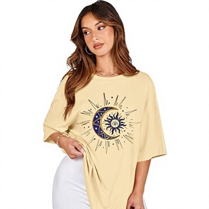 เสื้อยืดสีเหลืองโอเวอร์ไซส์สำหรับผู้หญิง พิมพ์ลายดวงอาทิตย์และดวงจันทร์ ทรงปกติ ผ้าฝ้ายเจอร์ซีย์ทรงหลวม แขนสั้น คอกลม เสื้อฤดูใบไม้ผลิและฤดูร้อน - Product Image 1