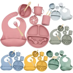 Wholesale Kids Supplies Eco Friendly Led Weaning Silicone Baby Bib Set Tableware 10pcs Bib Plate Suction Bowls Baby Feeding Set