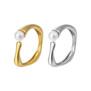 Wholesale open cuff square shaped gold plated rings stainless steel pearl ring