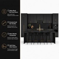 Meubles de cuisine de luxe discret noir mat, poignées or brossé, plan de travail en marbre noir, armoires modulaires à fermeture douce