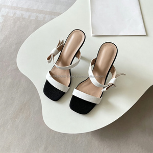 Escarpins à bride en T pour femme, style luxueux, bout carré, talon carré, sandales à enfiler avec nœud décoratif, tige respirante, chaussures d'été - Product Image 5