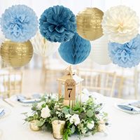 Fleurs en papier bleu poussière, or champagne, beige, pompons en papier, lanternes en nid d'abeille, décorations pour anniversaire, mariage, fête prénuptiale