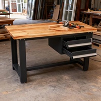 Banc de travail moderne en acier robuste avec plateau en bois et 2 tiroirs à fermeture amortie pour usage scolaire, hôtelier, extérieur, atelier et menuiserie