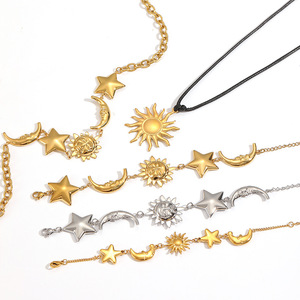 Star Moon Sun Stainless Steel Necklace <b>Bracelet</b> <b>Set</b> For Women Fashion Jewelry Clavicle Chain Party Gift Gold Silver Tone - Product Image 4