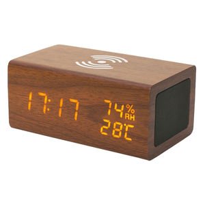 EMAF venta al por mayor diseño <span class=keywords><strong>de</strong></span> escritorio <span class=keywords><strong>de</strong></span> madera Led electrónico Digital BT altavoz temperatura humedad Despertador con cargador inalámbrico <span class=keywords><strong>de</strong></span> teléfono - Product Image 5