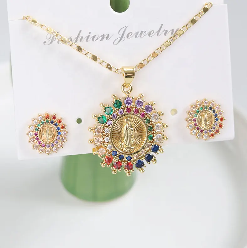 Fashion jewelry gold plated necklace and earring religious jewelry cubic zirconia colorful Virgin Mary jewelry sets