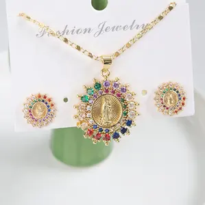 Bijoux de mode plaqué or collier et boucle d'oreille bijoux religieux zircon cubique coloré vierge marie ensembles de bijoux