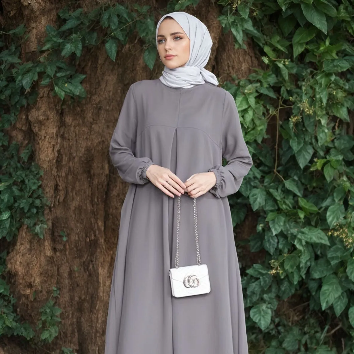 2023 Muslim Südost asiatische Mode Laterne Ärmel Bündel Taille Pack Hüfte Abayas Rundhals Langarm Damen kleid