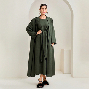 Women Abaya 2 Piece Set Cheap Modest Sets Abaya <strong>Dress</strong> With Solid Belted - Product Image 2