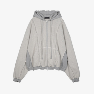 Sweat à capuche zippé pour homme en coton épais, avec logo brodé personnalisé, effet vieilli, coupe oversize et surpiqûres contrastées externes - Product Image 2