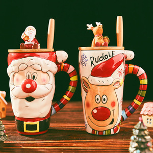 Tazza in Ceramica Natalizia con Cucchiaio e Coperchio, Personaggio di Babbo Natale, 20 Once, Tazza Lucida per Caffè e Tè - Product Image 1