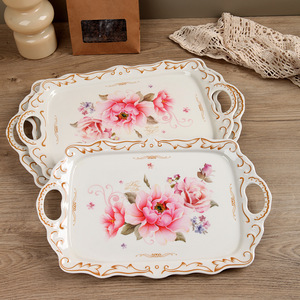 Juego de Bandejas de Melamina con Asas - Rectangulares, Gruesas, Estilo Retro de Lujo, con Relieve Floral, para Uso Doméstico - Product Image 3