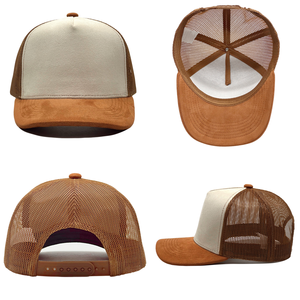 Gorra trucker de gamuza personalizada con visera curva, ajustable con hebilla de un solo botón, parte trasera de malla, gorra de béisbol de 5 paneles, común para deportes al aire libre - Product Image 2