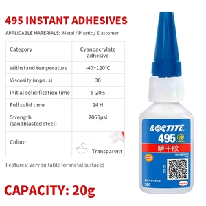 <span class=keywords><strong>Pegamento</strong></span> Instantáneo Industrial Universal Loctit 495 de 20g, Resistente a Altas Temperaturas, Fuerte Adhesión <span class=keywords><strong>para</strong></span> Plástico, Metal y Goma - Product Image 2