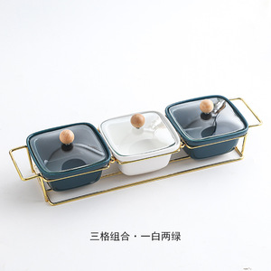 Nouvelles collations carrées créatives noix assiette de fruits secs assiettes en céramique avec couvercle en verre support en métal - Product Image 3