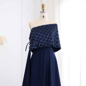 Elegante <span class=keywords><strong>vestido</strong></span> de noche árabe <span class=keywords><strong>azul</strong></span> <span class=keywords><strong>marino</strong></span> con hombros descubiertos con capa Dubai para mujer vestidos formales de fiesta de boda - Product Image 4