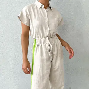 Conjunto de 2 piezas de lino de mujer de algodón natural al por mayor, conjunto de camisa y pantalones de mujer de mezcla de lino de manga corta