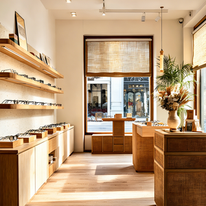 Negozio di vendita al dettaglio ottico contemporaneo con mensole aperte a gradini e vetrine luminose rotonde - Product Image 6