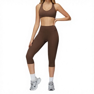 Women's Yoga Wear Fitness 2-Piece Workout Set Solid Breathable Elastic Waist Ankle-Length Pants - Product Image 3