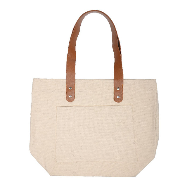 Hot Sale Customizable COTTON Canvas Tote Bag Leather Handle & Side Pocket Reusable Eco-Friendly for Daily Use with Custom Logo