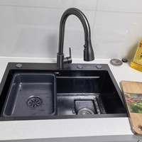 Évier de cuisine multifonctionnel à cuve unique en acier inoxydable nano noir, 4 trous, design DIY, pour poste de travail, vente en gros