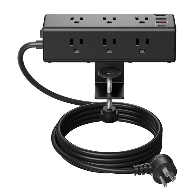 USB Type-C Plastic Desk Clamp Power Strip with 3 USB Ports 1.8m Cable-Modern Surge Protector for Home & Office