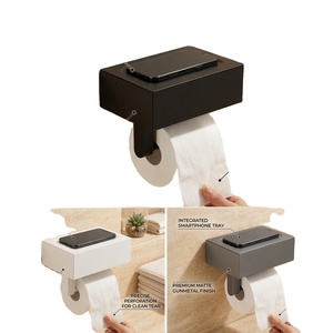 Portarrollos de Papel Higiénico Moderno para Montar en la Pared con Bandeja para Smartphone, Acabado Mate, Organizador de Baño, Diseño Rectangular - Product Image 1