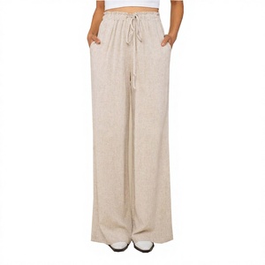 High Quality Linen Wide Leg <b>Trousers</b> Quick Dry Breathable <b>Summer</b> Casual Wear Drawstring Customizable Logo High Waist Woven - Product Image 4