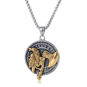 Colgante de acero inoxidable con hacha vikinga y cuervo de Yunnique, collar nórdico con runas para hombre, joyería de moda hip hop, cadena de 60 cm - Product Image 1