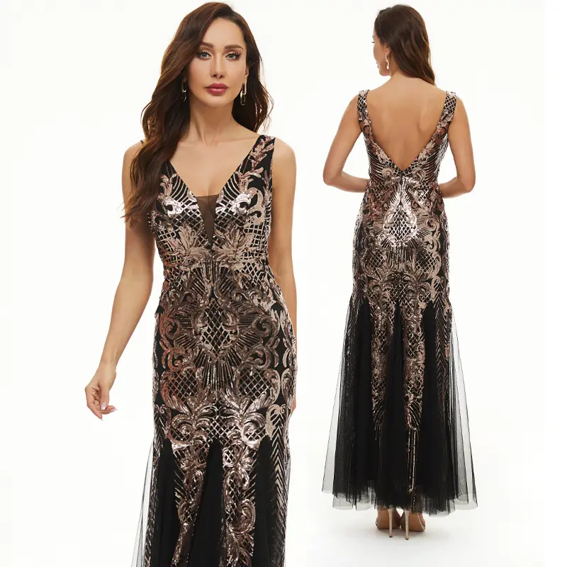2022 New Dress Female Banquet Evening Dress Glitter Long Fishtail Skirt Wear Net Celebrity Toasting Dress
