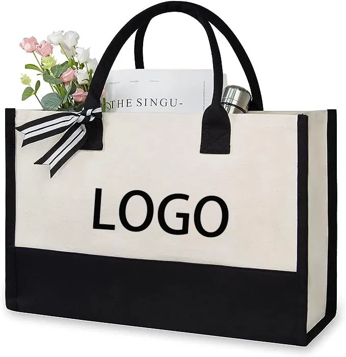 MOQ rendah tas Tote kanvas Logo kustom untuk promosi belanja tas belanja kanvas hitam dan putih dapat Logo khusus