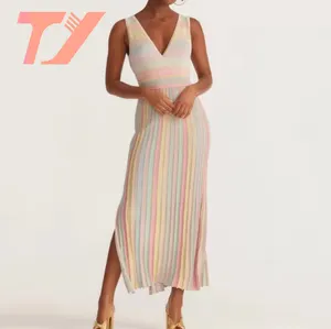 Tuoiy - Vestido casual feminino plissado com gola V profunda e mangas, moda verão para tricô com costas abertas, cor arco-íris, para mulheres, desenho midi