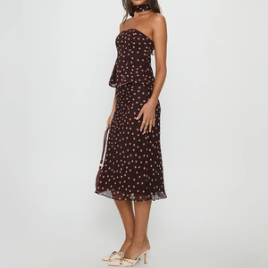 Completo due pezzi da <span class=keywords><strong>donna</strong></span> con top peplum senza spalline a pois bianchi e <span class=keywords><strong>marroni</strong></span> e gonna midi, elegante <span class=keywords><strong>outfit</strong></span> vintage Y2K per feste - Product Image 3