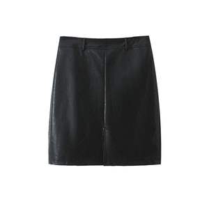 Jupe mi-longue rétro taille haute en similicuir noir uni avec fermeture éclair et fente avant, moulante pour femme, grandes tailles 90 91 - Product Image 1