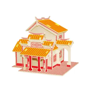 Direct selling 3D Wooden Puzzle Traditional Building House Jigsaw Kids DIY Toys