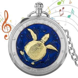 Carino tartaruga manovella musicale al quarzo portachiavi orologio Music Box orologio da taschino per gli uomini signore oggetti da collezione migliori regali